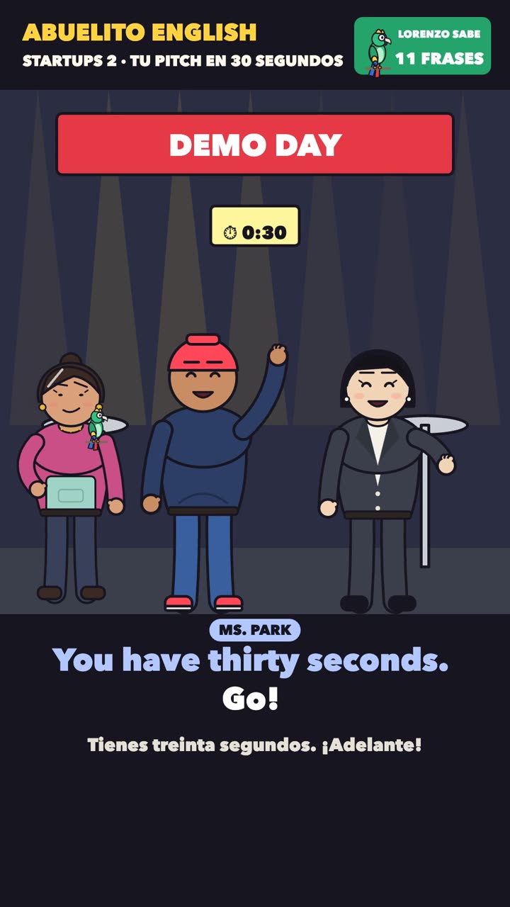 Escena de la clase «Tu pitch en 30 segundos» del curso Abuelito English