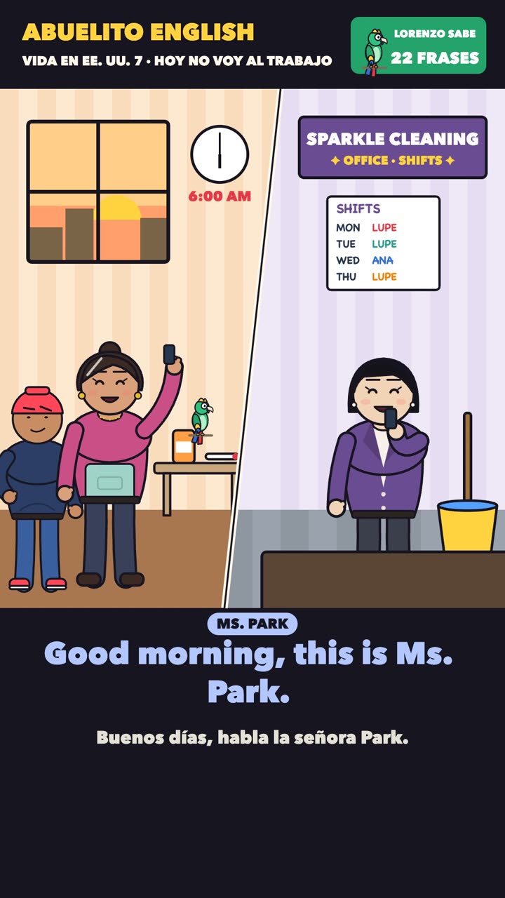 Escena de la clase «Hoy no voy al trabajo» del curso Abuelito English