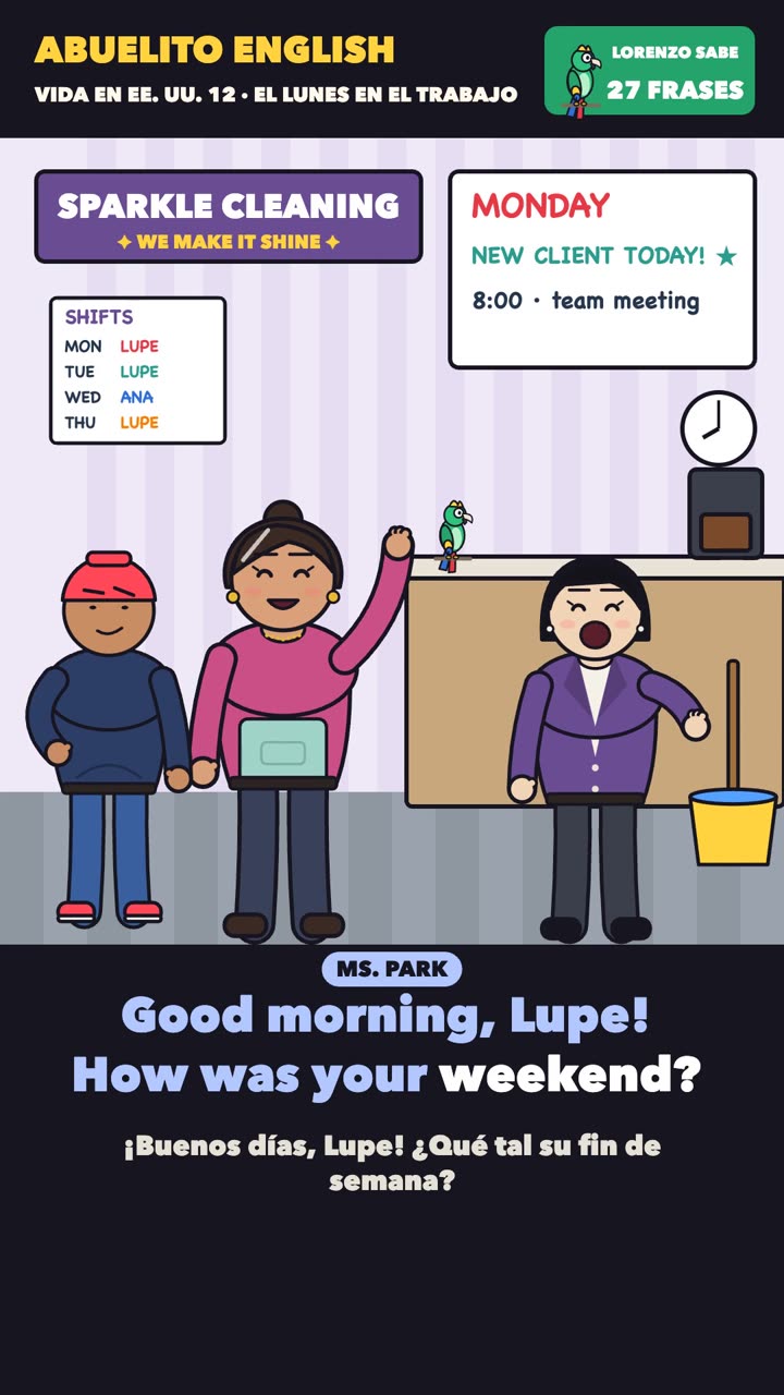 Escena de la clase «El lunes en el trabajo» del curso Abuelito English