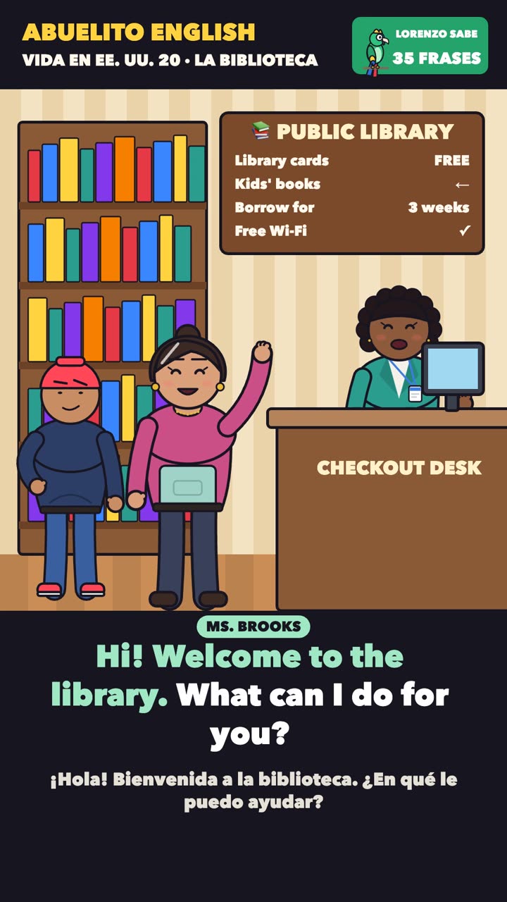 Escena de la clase «La biblioteca» del curso Abuelito English